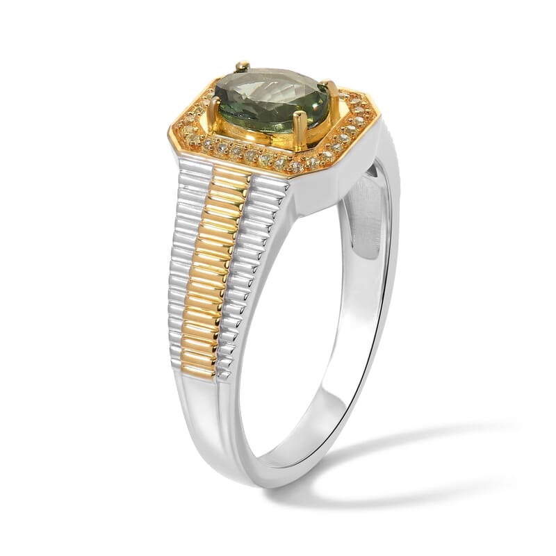 D'Joy Premium Natural Green Apatite and Yellow Sapphire 1.40 ctw Men's Ring in 18K Vermeil YG and Rhodium Over Sterling Silver (Size 10.0)
