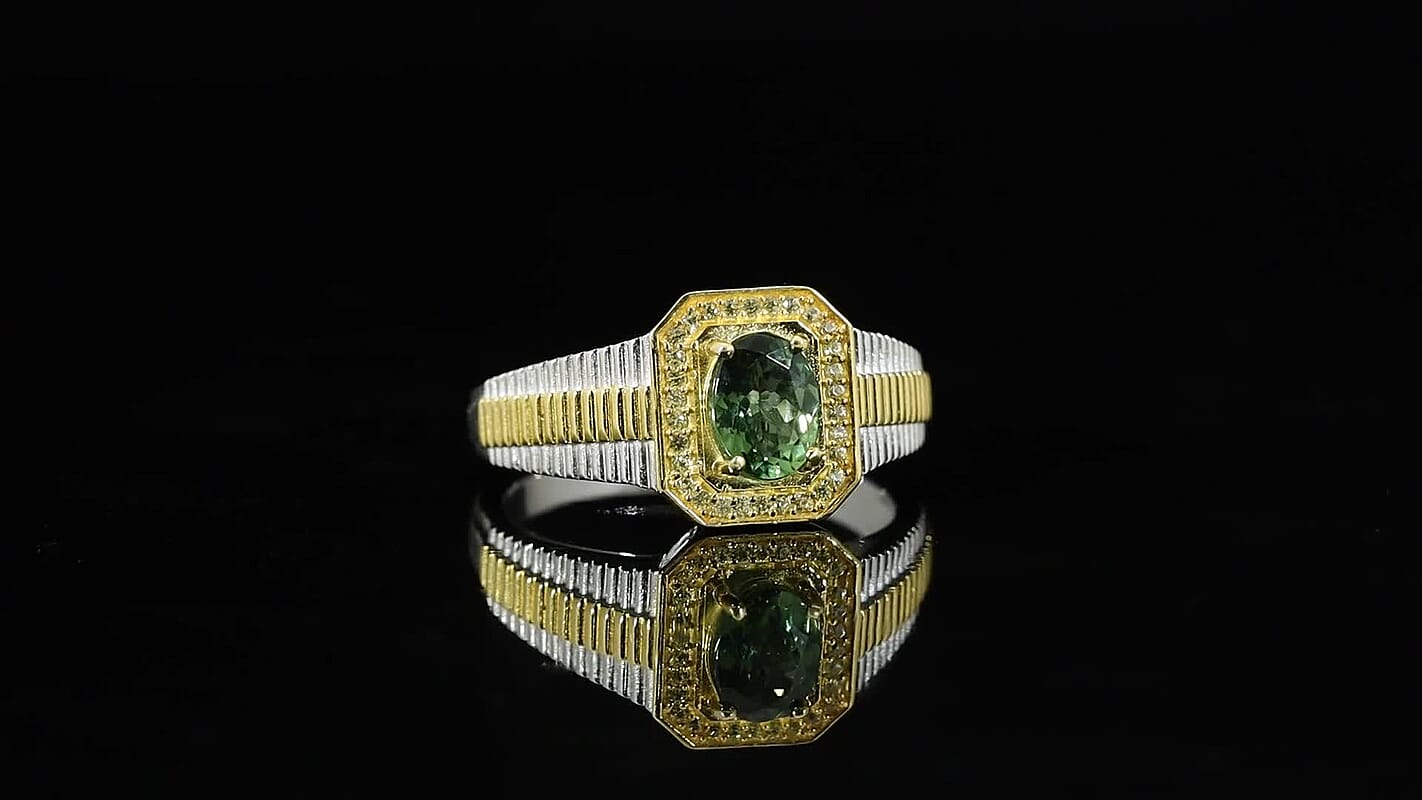 D''Joy Premium Natural Green Apatite, Yellow Sapphire Men''s Ring in 18K Vermeil YG and Rhodium Over Sterling Silver (Size 12.0) 1.40 ctw