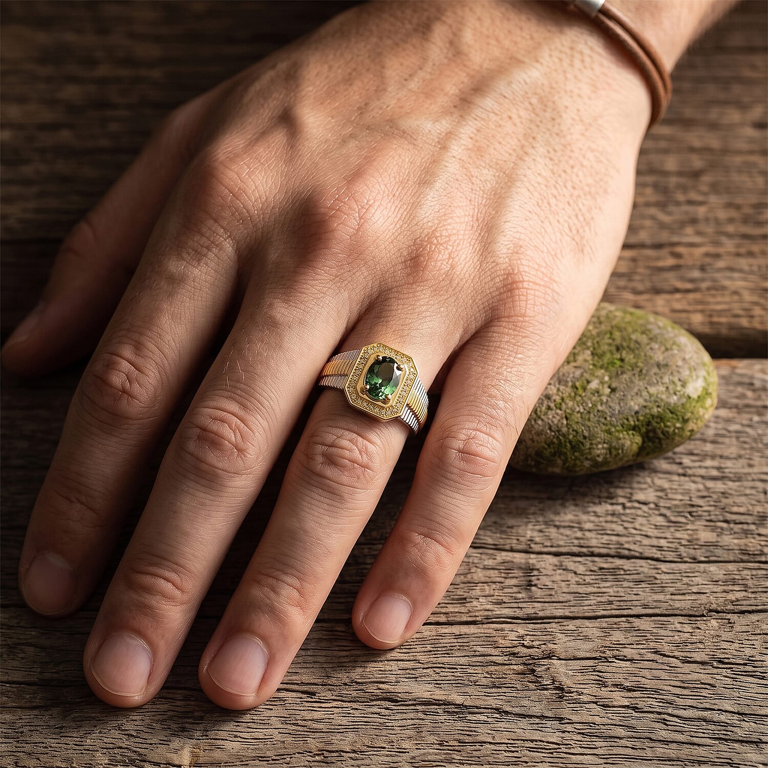 D'Joy Premium Natural Green Apatite and Yellow Sapphire 1.40 ctw Men's Ring in 18K Vermeil YG and Rhodium Over Sterling Silver (Size 9.0)
