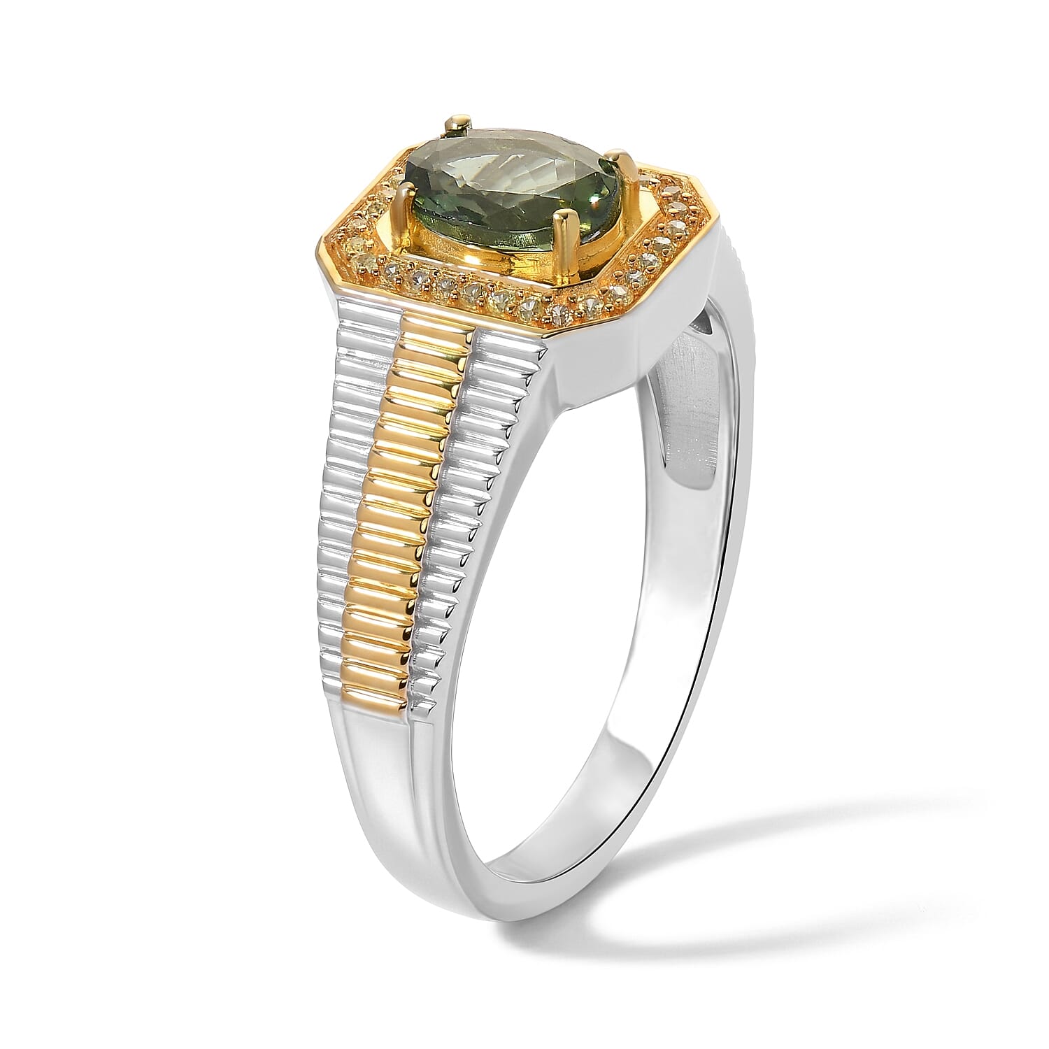 D'Joy Premium Natural Green Apatite and Yellow Sapphire 1.40 ctw Men's Ring in 18K Vermeil YG and Rhodium Over Sterling Silver (Size 9.0)