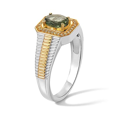 D'Joy Premium Natural Green Apatite and Yellow Sapphire 1.40 ctw Men's Ring in 18K Vermeil YG and Rhodium Over Sterling Silver (Size 9.0)