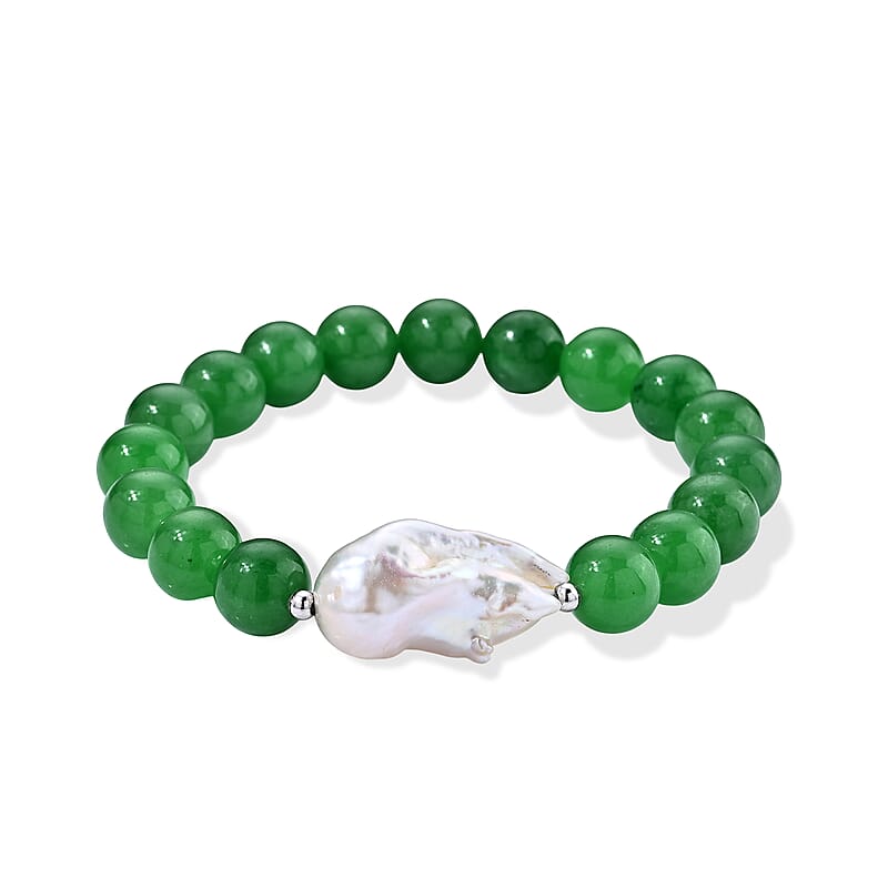 D'Joy Green Jade Beaded 120.00 ctw and White Baroque Pearl Stretch Bracelet in Rhodium Over Sterling Silver