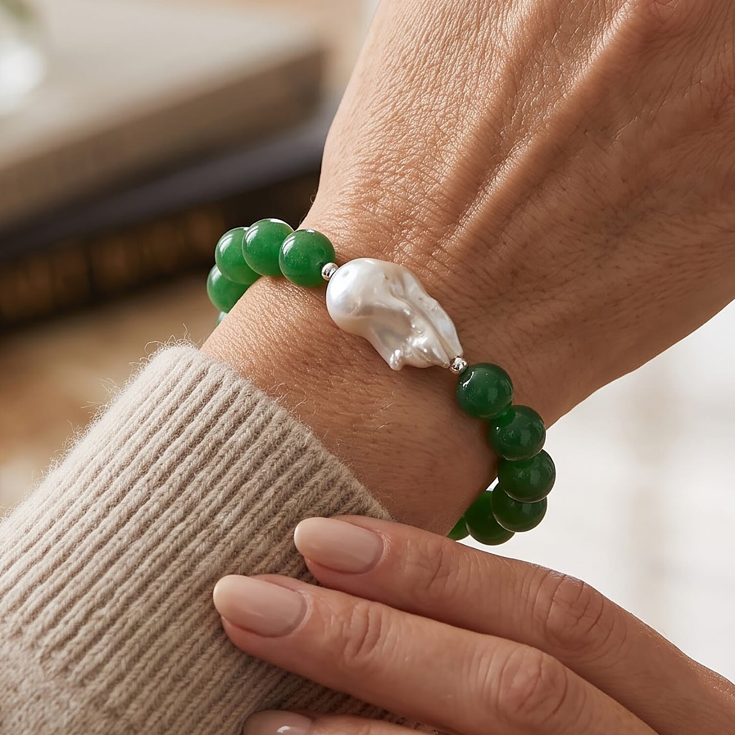 D'Joy Green Jade Beaded 120.00 ctw and White Baroque Pearl Stretch Bracelet in Rhodium Over Sterling Silver