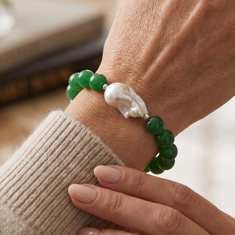 D'Joy Verdant Green Jade(D) Beaded 120.00 ctw and White Baroque Pearl Designer Inspired Stretch Bracelet in Rhodium Over Sterling Silver