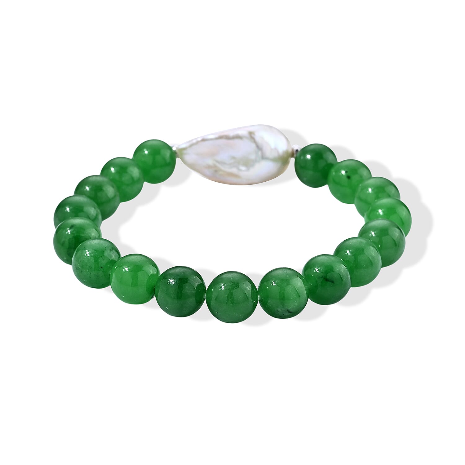 D'Joy Green Jade Beaded 120.00 ctw and White Baroque Pearl Stretch Bracelet in Rhodium Over Sterling Silver