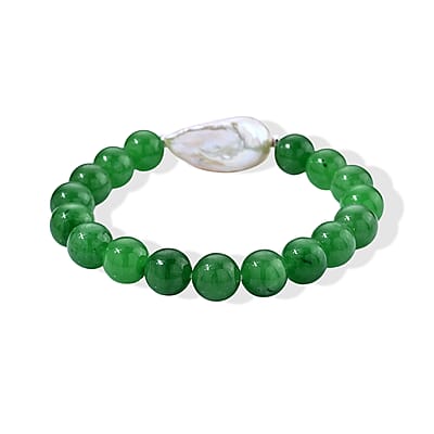 D'Joy Green Jade Beaded 120.00 ctw and White Baroque Pearl Stretch Bracelet in Rhodium Over Sterling Silver