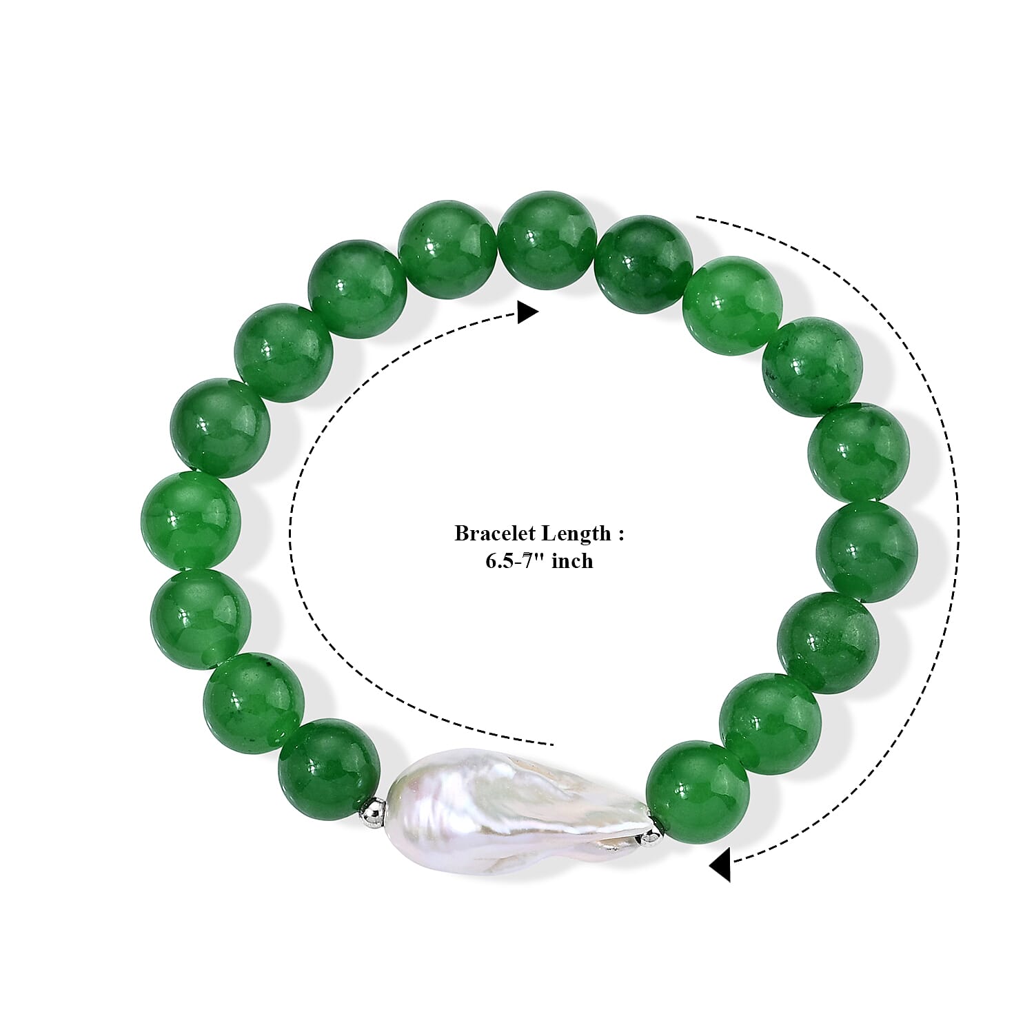 D'Joy Green Jade Beaded 120.00 ctw and White Baroque Pearl Stretch Bracelet in Rhodium Over Sterling Silver