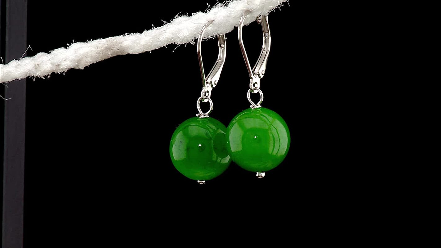 D''Joy Green Jade Drop Earrings in Rhodium Over Sterling Silver 40.00 ctw