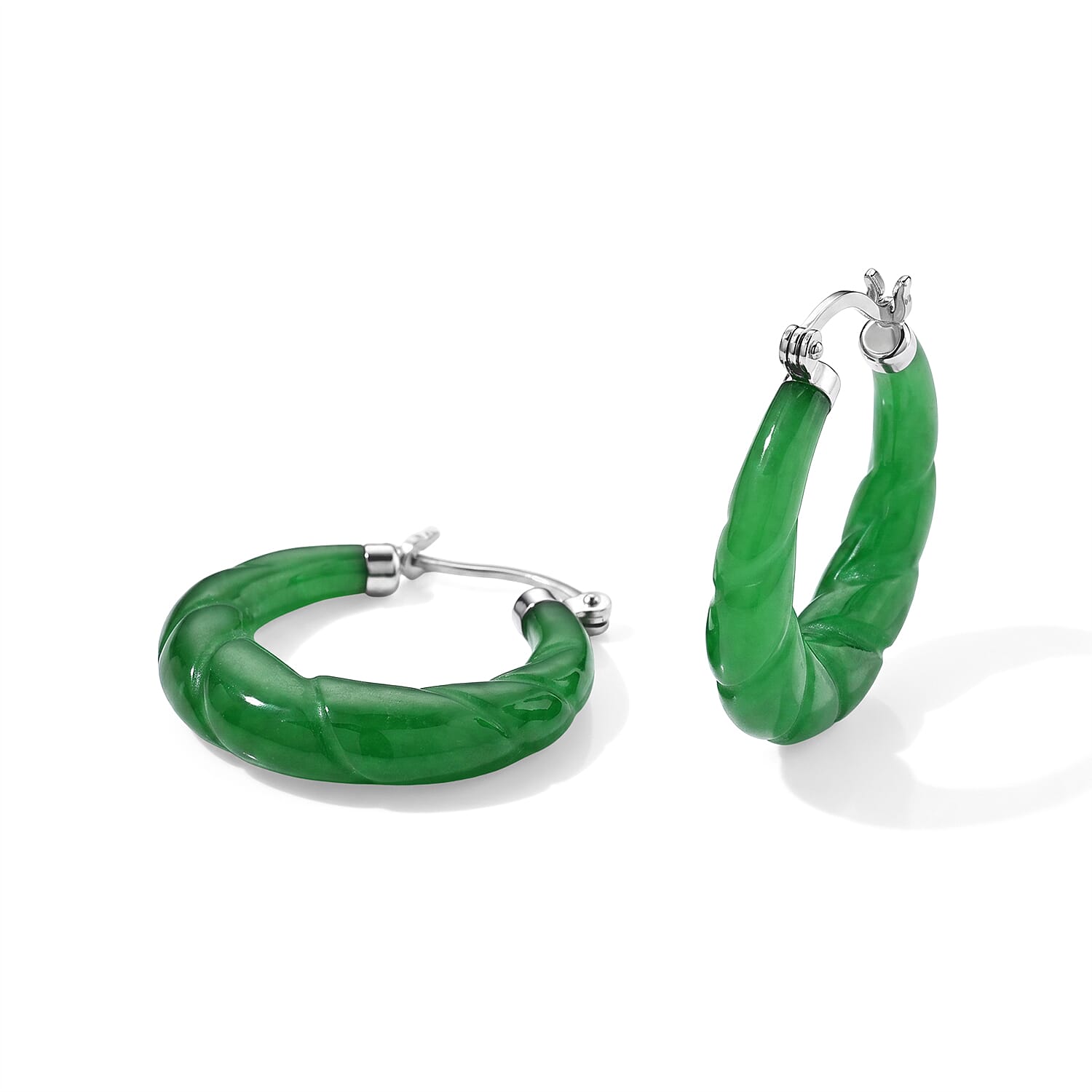 D'Joy Green Jade (D) 15.00 ctw Twisted Hoop Earrings in Rhodium Over Sterling Silver
