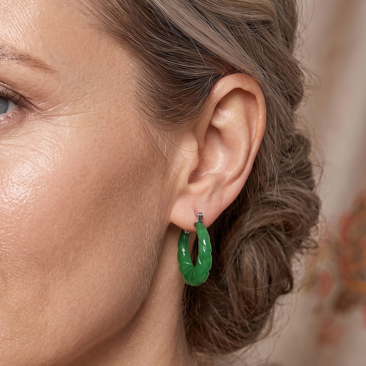 D'Joy Green Jade (D) 15.00 ctw Twisted Hoop Earrings in Rhodium Over Sterling Silver
