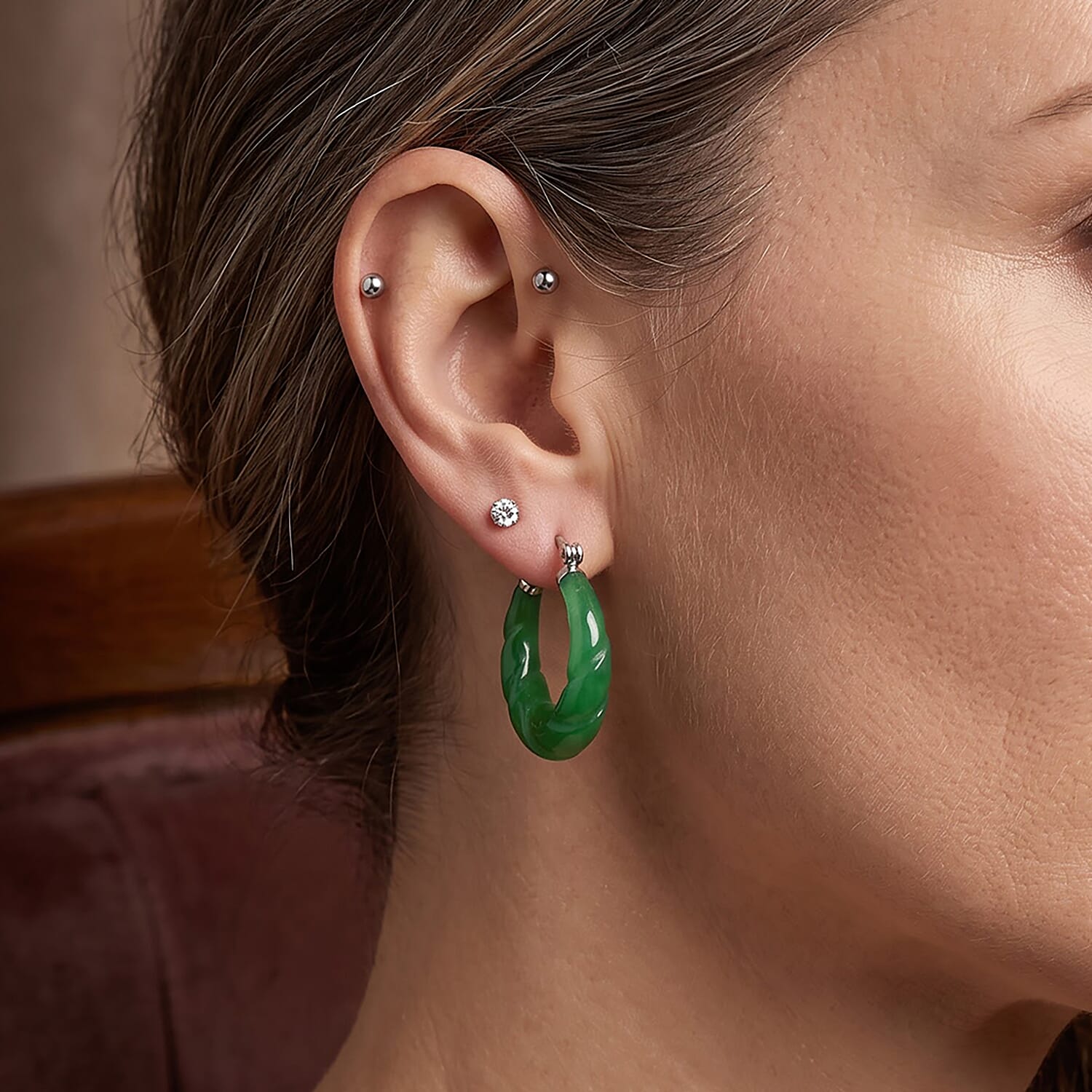 D'Joy Green Jade (D) 15.00 ctw Twisted Hoop Earrings in Rhodium Over Sterling Silver