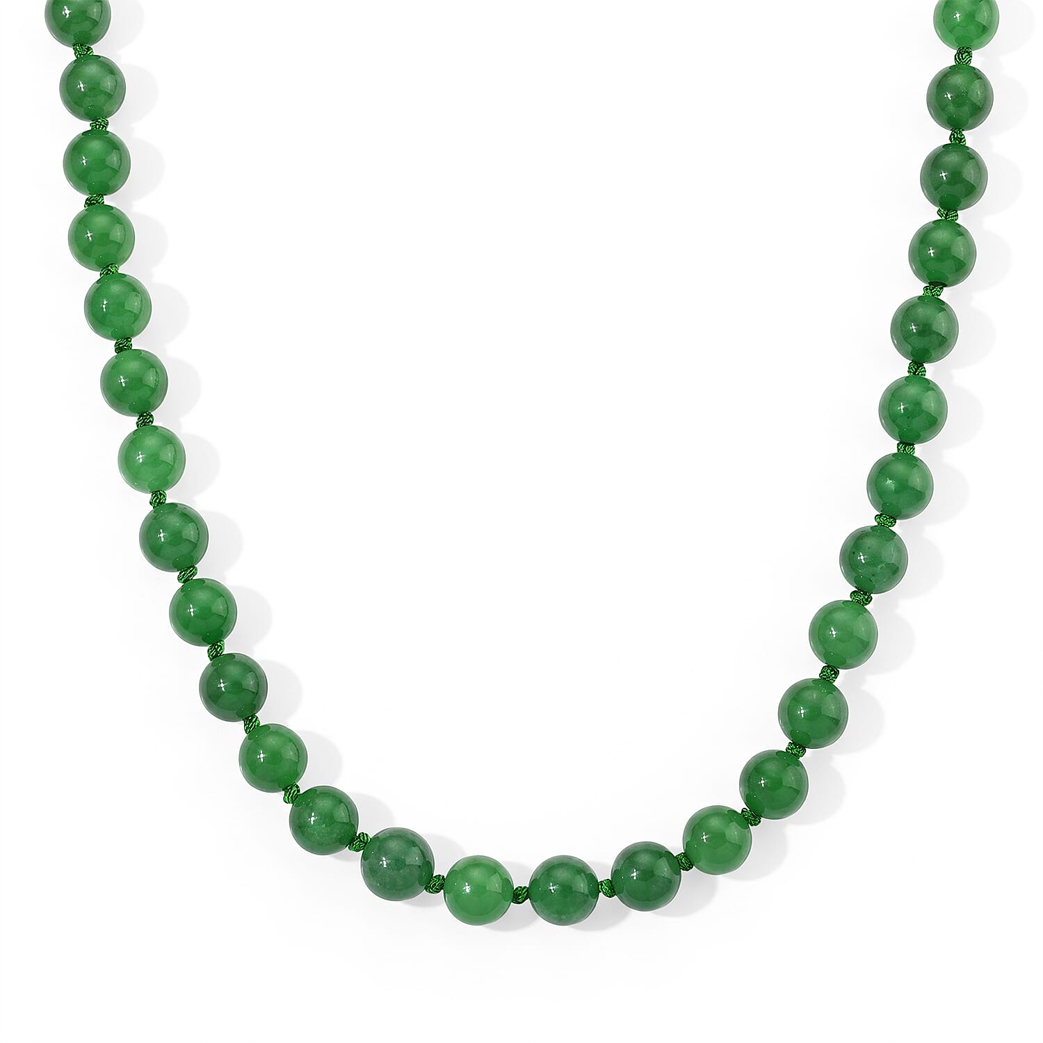 Green Jade (D) 490.00 ctw Beaded Necklace (20 Inches) in Rhodium Over Sterling Silver