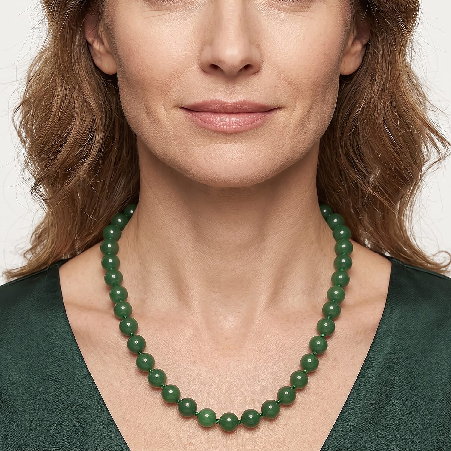 Green Jade (D) 490.00 ctw Beaded Necklace (20 Inches) in Rhodium Over Sterling Silver