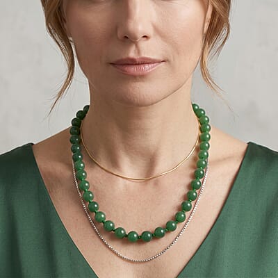 Green Jade (D) 490.00 ctw Beaded Necklace (20 Inches) in Rhodium Over Sterling Silver