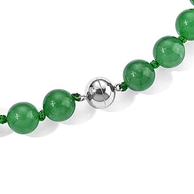Green Jade (D) 490.00 ctw Beaded Necklace (20 Inches) in Rhodium Over Sterling Silver