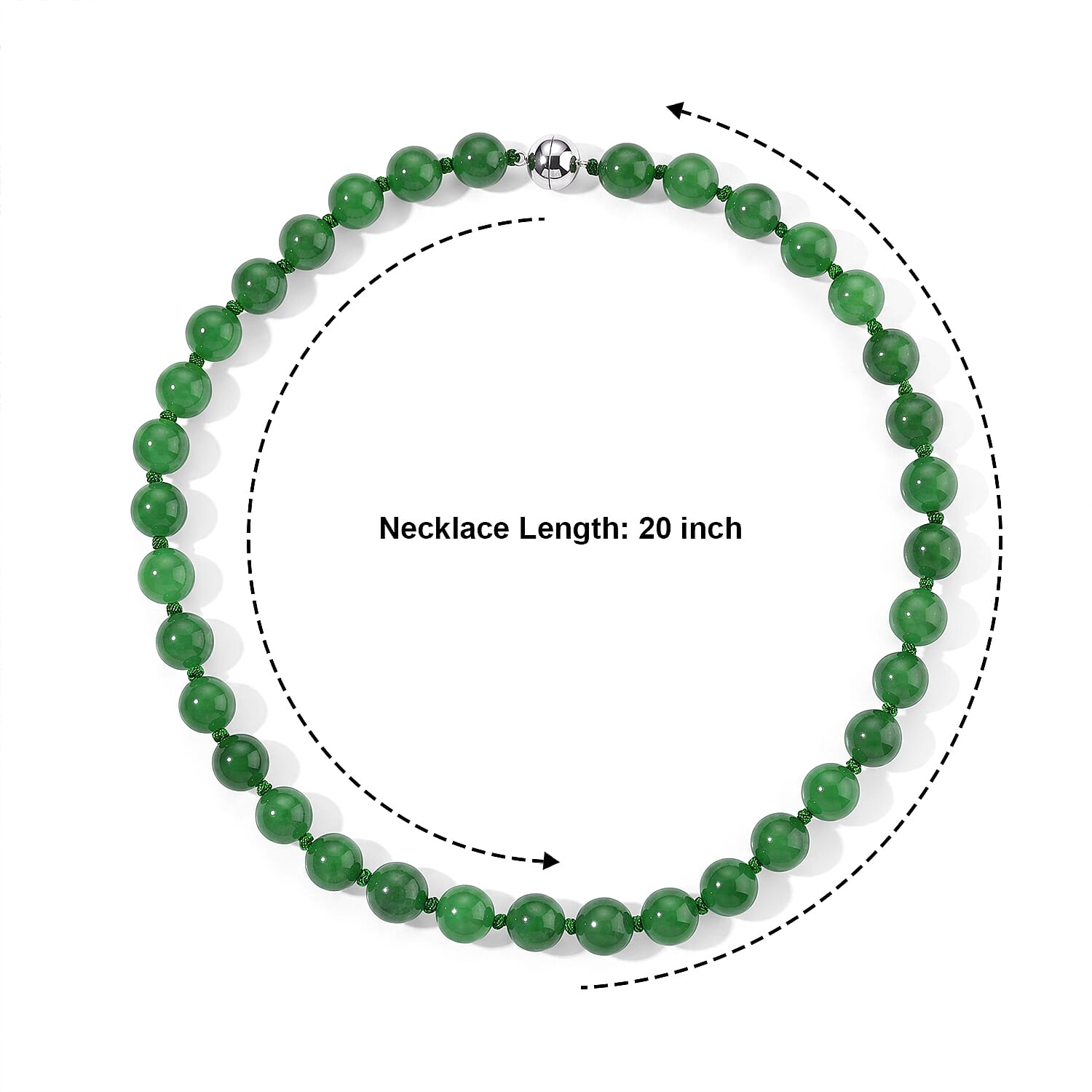 Green Jade (D) 490.00 ctw Beaded Necklace (20 Inches) in Rhodium Over Sterling Silver