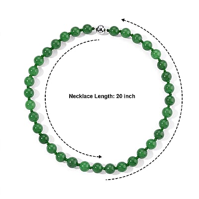 Green Jade (D) 490.00 ctw Beaded Necklace (20 Inches) in Rhodium Over Sterling Silver