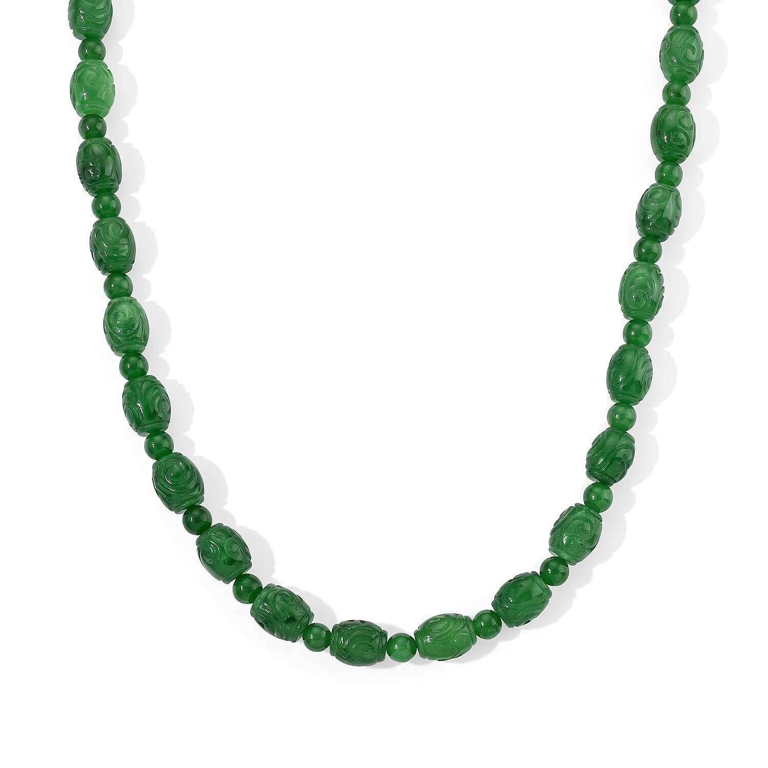 Green Jade 450.00 ctw Beaded Necklace (20 Inches) in Rhodium Over Sterling Silver