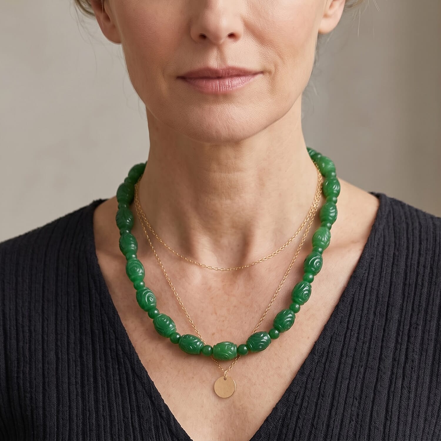 Green Jade 450.00 ctw Beaded Necklace (20 Inches) in Rhodium Over Sterling Silver