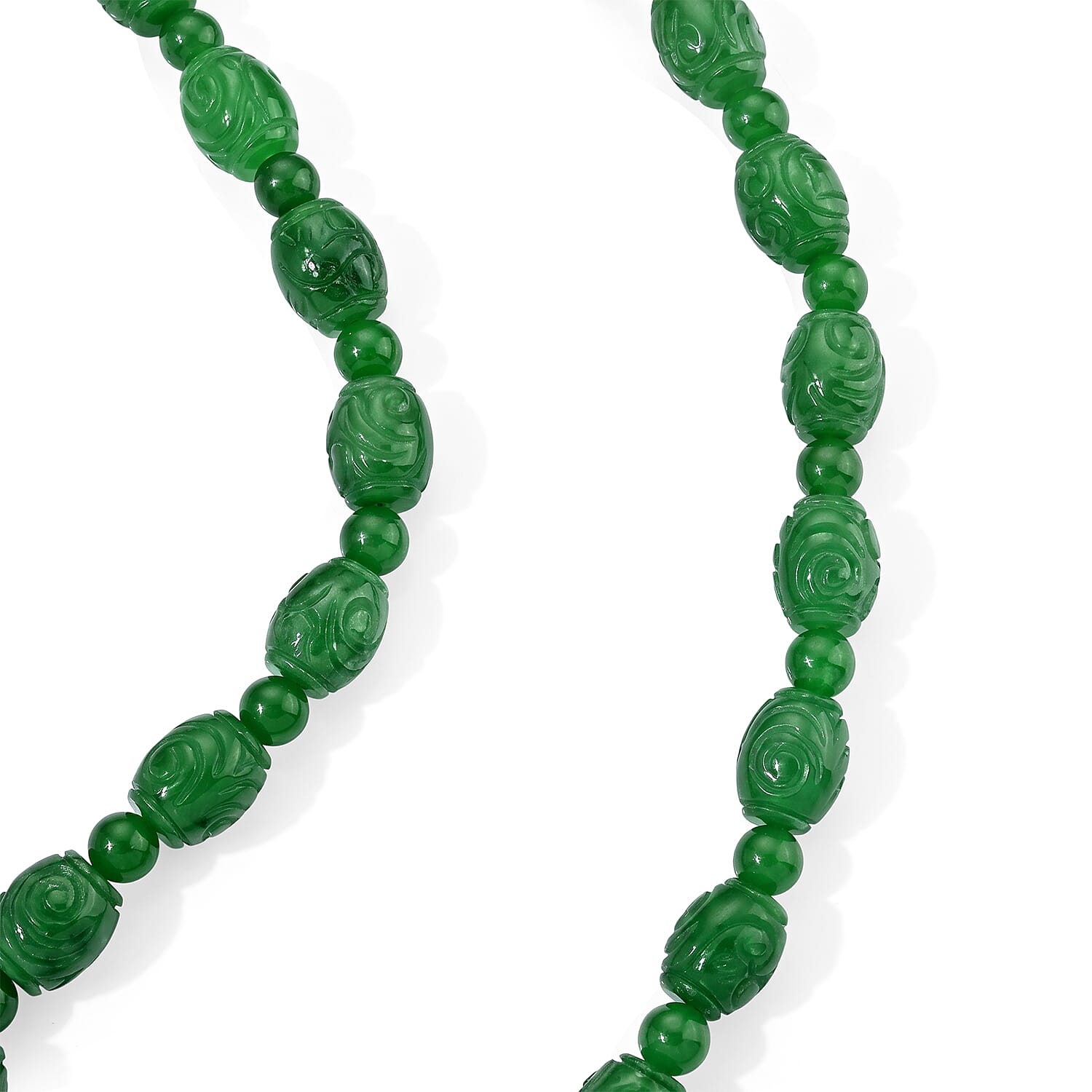 Green Jade 450.00 ctw Beaded Necklace (20 Inches) in Rhodium Over Sterling Silver