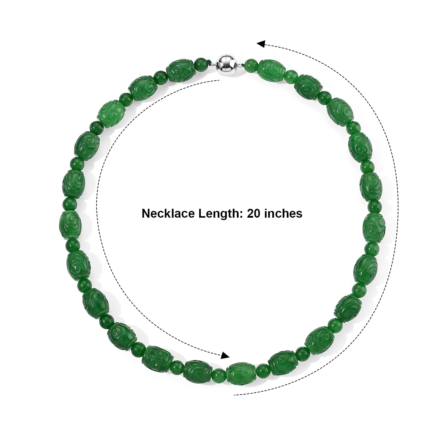 Green Jade 450.00 ctw Beaded Necklace (20 Inches) in Rhodium Over Sterling Silver
