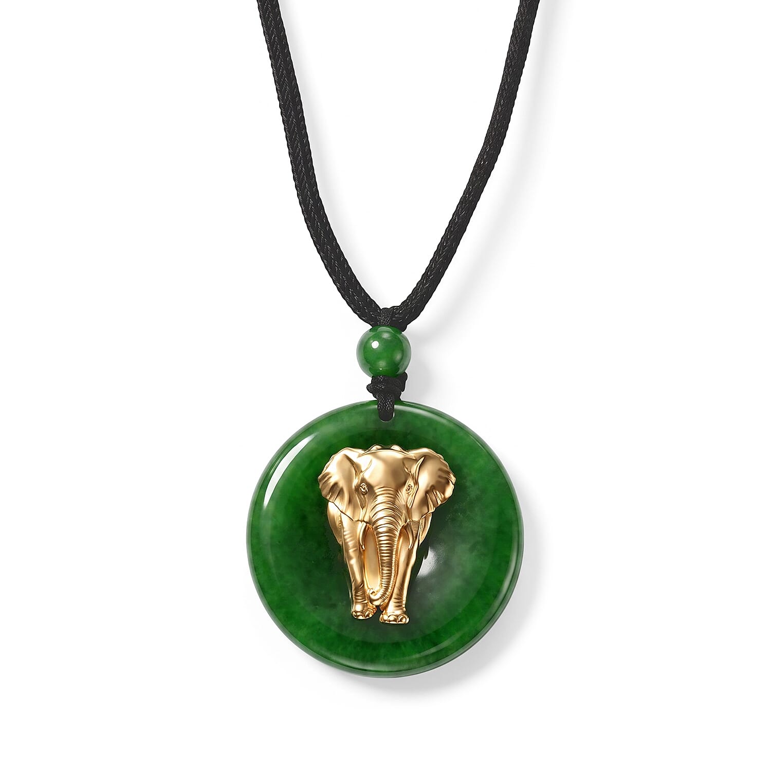 Green Jade (D) 110.00 ctw Elephant Pendant with Beaded Necklace in 24K Yellow Gold (28 Inches)