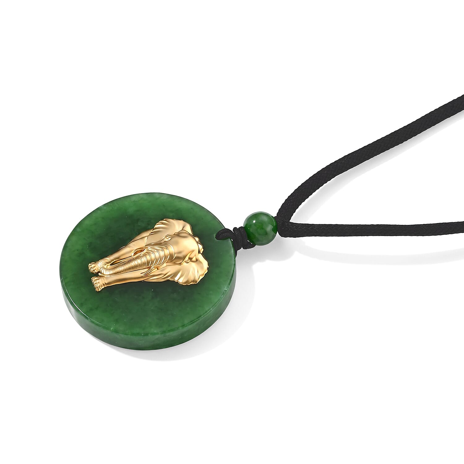 Green Jade (D) 110.00 ctw Elephant Pendant with Beaded Necklace in 24K Yellow Gold (28 Inches)