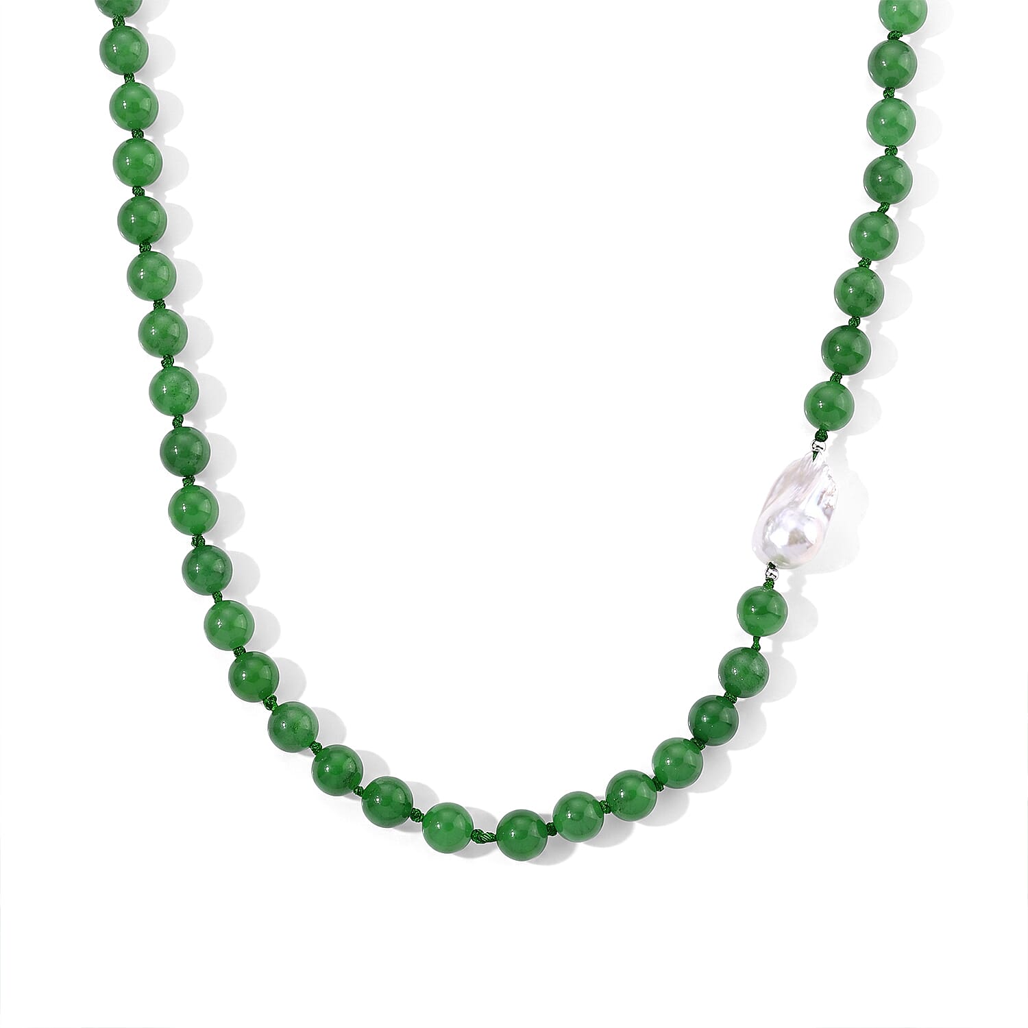 Green Jade(D) Beaded 320.00 ctw and White Baroque Pearl Necklace (20 Inches) in Rhodium Over Sterling Silver
