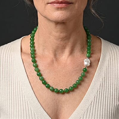 Green Jade(D) Beaded 320.00 ctw and White Baroque Pearl Necklace (20 Inches) in Rhodium Over Sterling Silver