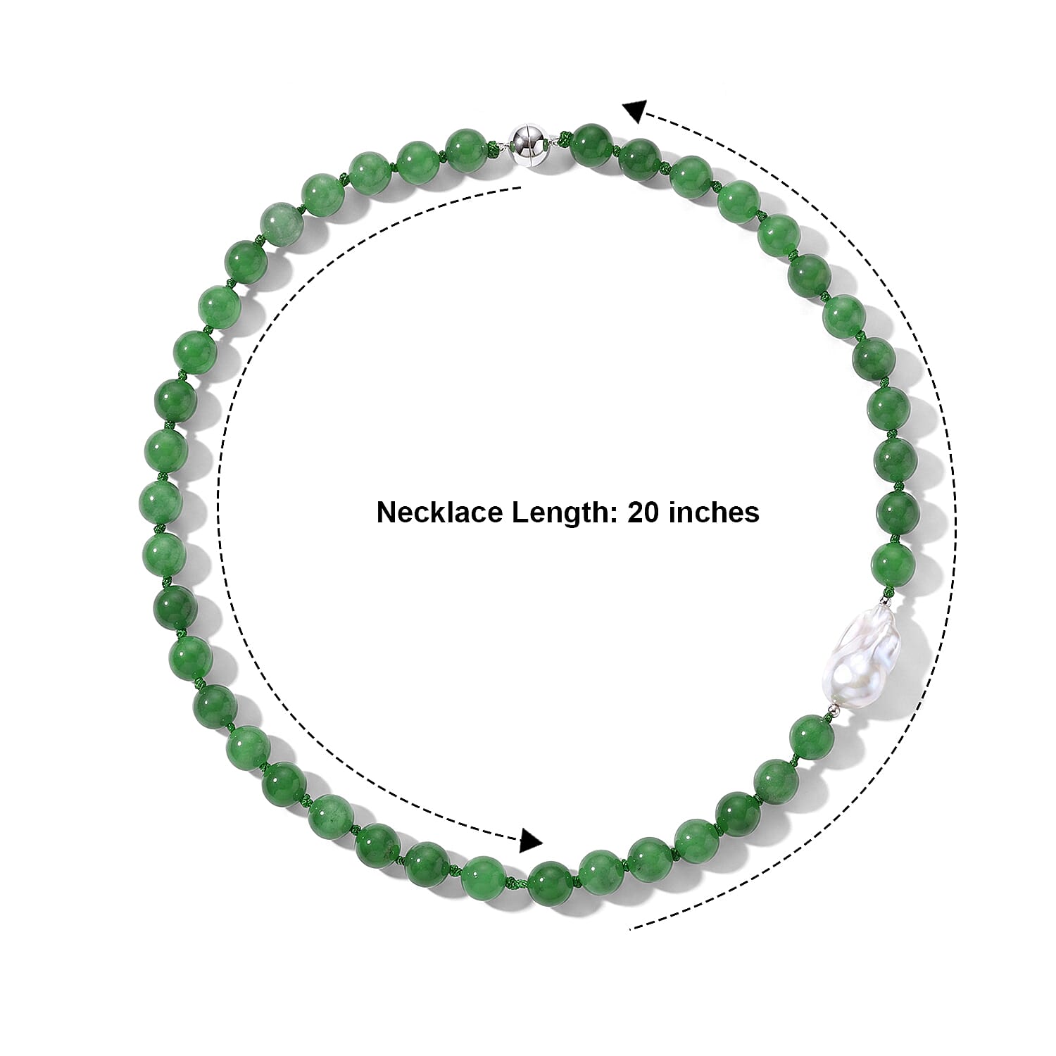Green Jade(D) Beaded 320.00 ctw and White Baroque Pearl Necklace (20 Inches) in Rhodium Over Sterling Silver