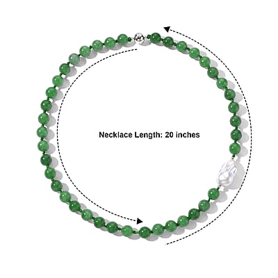 Green Jade(D) Beaded 320.00 ctw and White Baroque Pearl Necklace (20 Inches) in Rhodium Over Sterling Silver