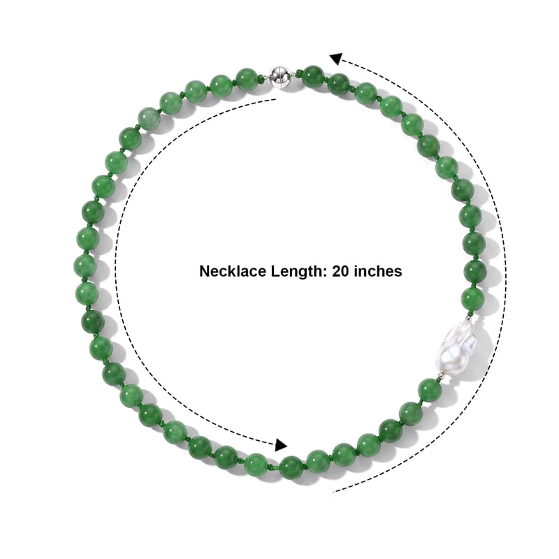 Verdant Green Jade(D) Beaded 320.00 ctw and White Baroque Pearl Designer Inspired Necklace (20 Inches) in Rhodium Over Sterling Silver