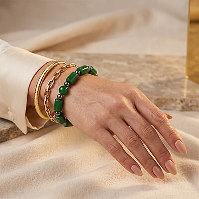 Green Jade and Terahertz 140.00 ctw Beaded Stretch Bracelet