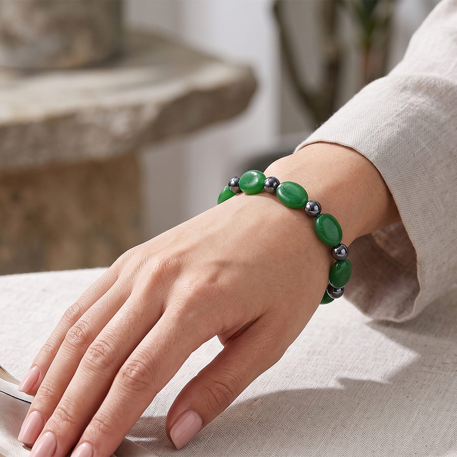 Green Jade and Terahertz 100.00 ctw Beaded Stretch Bracelet