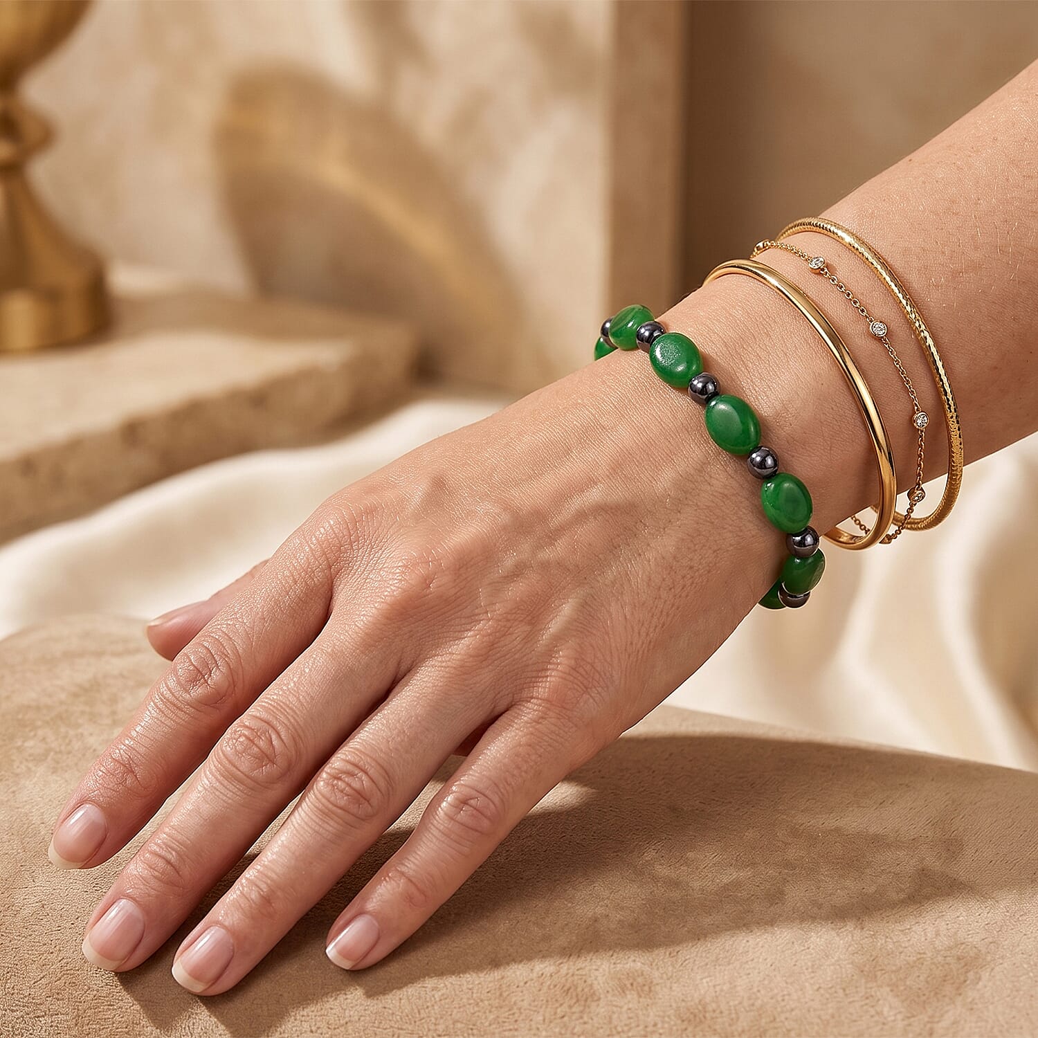 Green Jade and Terahertz 100.00 ctw Beaded Stretch Bracelet