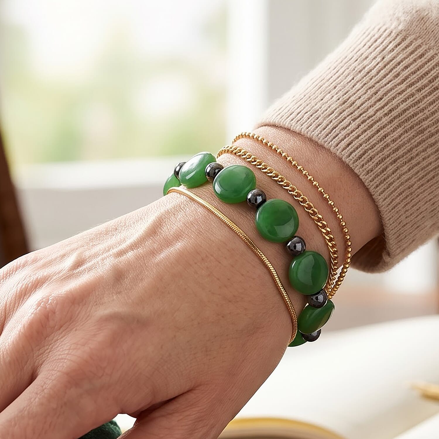 Green Jade and Terahertz 110.00 ctw Beaded Stretch Bracelet