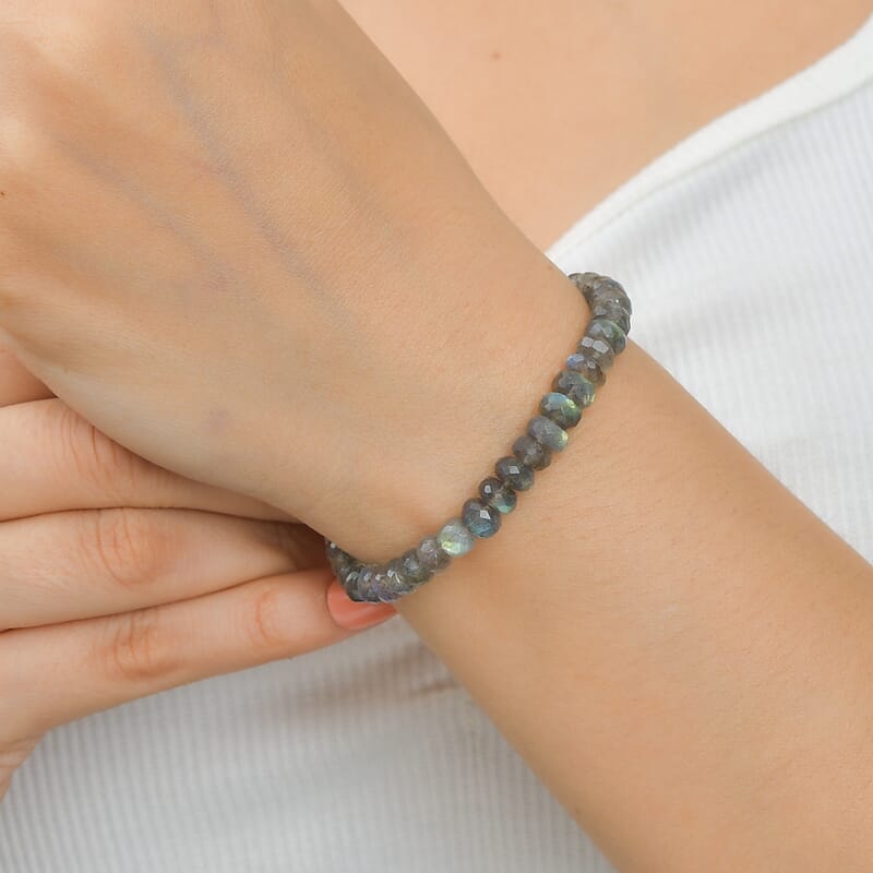 D'Joy AAA Malagasy Labradorite Beaded 47.00 ctw Bracelet in Rhodium Over Sterling Silver (7.25-9.5In)
