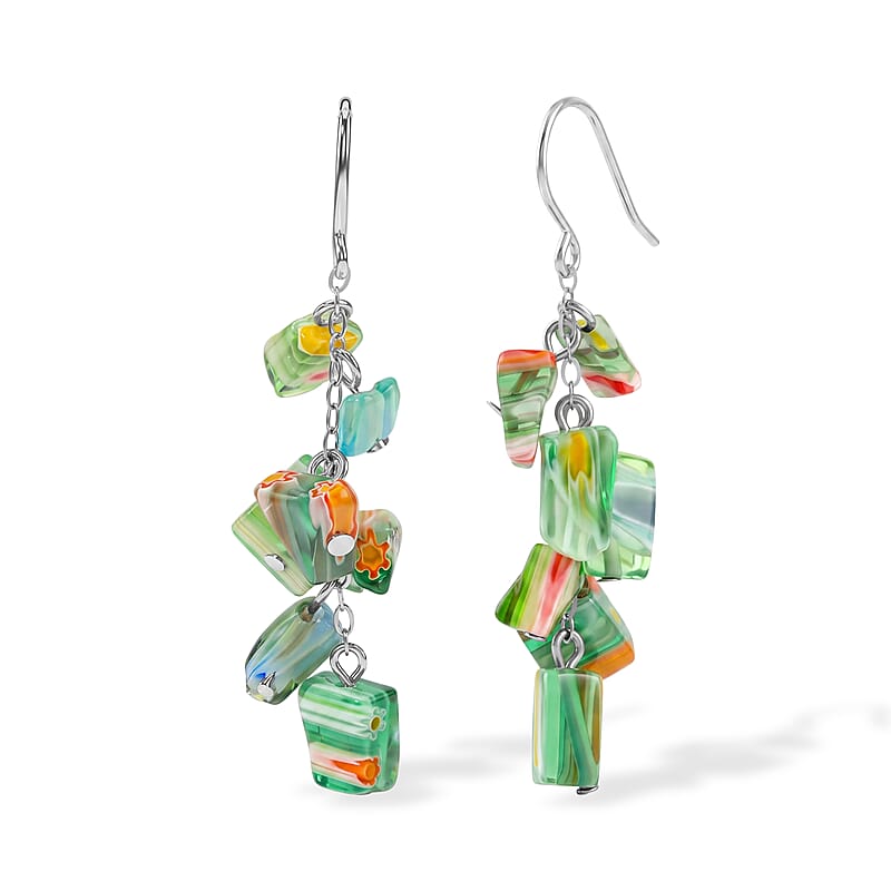 Green Flower Artisan Glass Earrings in Sterling Silver
