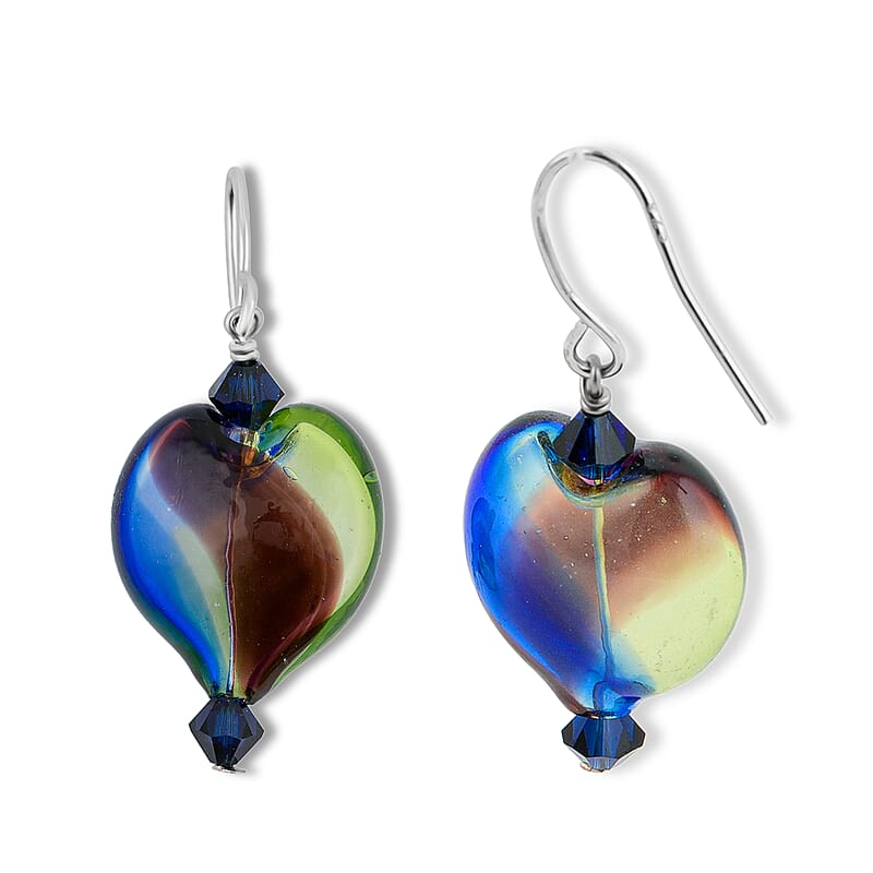 Multi and Dark Blue Artisan Glass Earrings in Sterling Silver