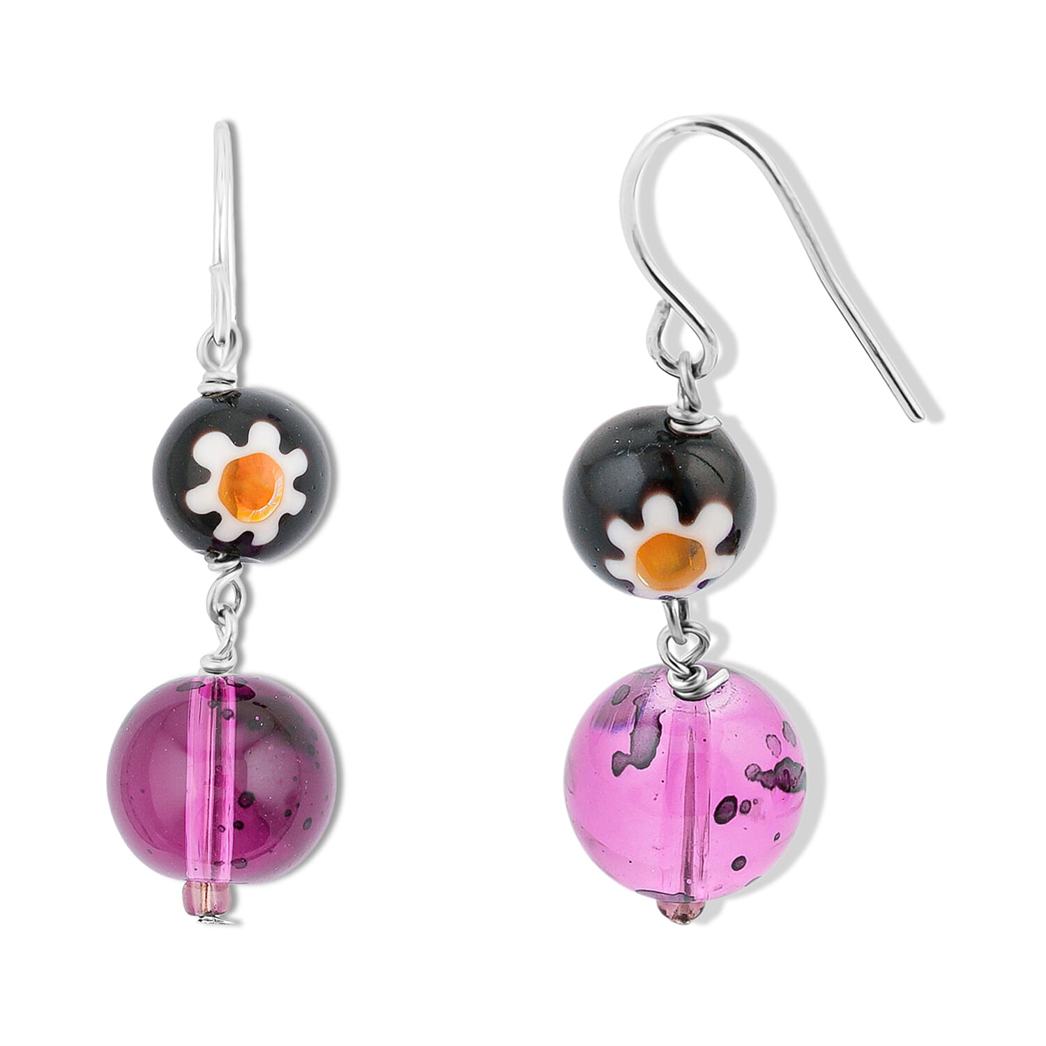 Purple and Black Flower Artisan Glass Earrings in Sterling Silver