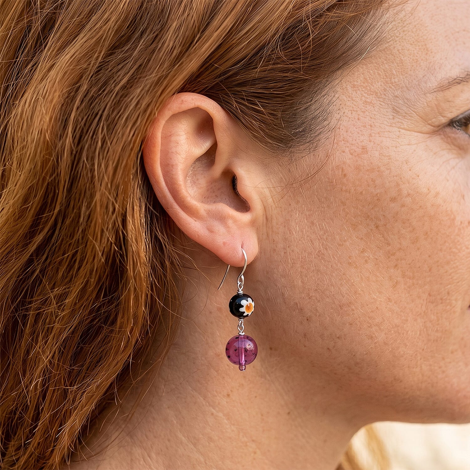 Purple and Black Flower Artisan Glass Earrings in Sterling Silver