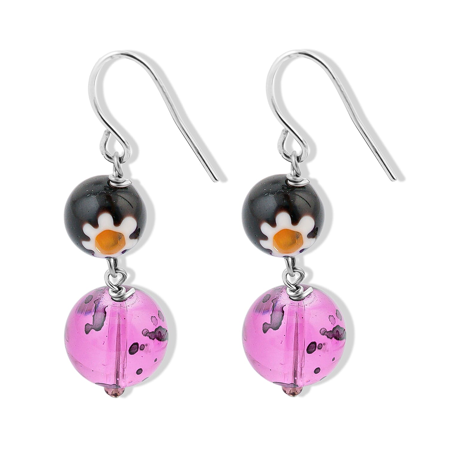 Purple and Black Flower Artisan Glass Earrings in Sterling Silver