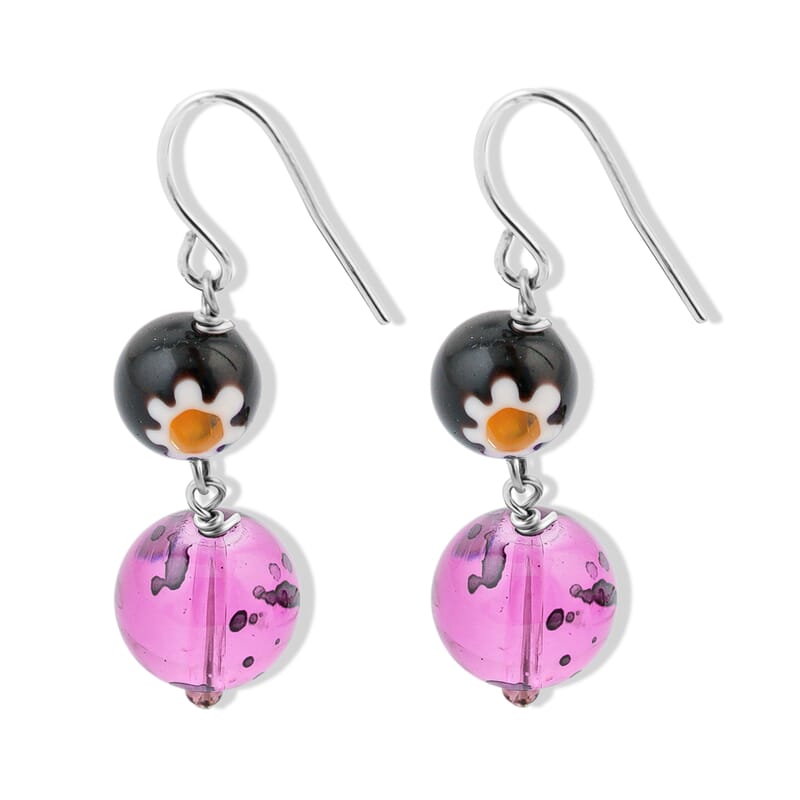 Purple and Black Flower Artisan Glass Earrings in Sterling Silver
