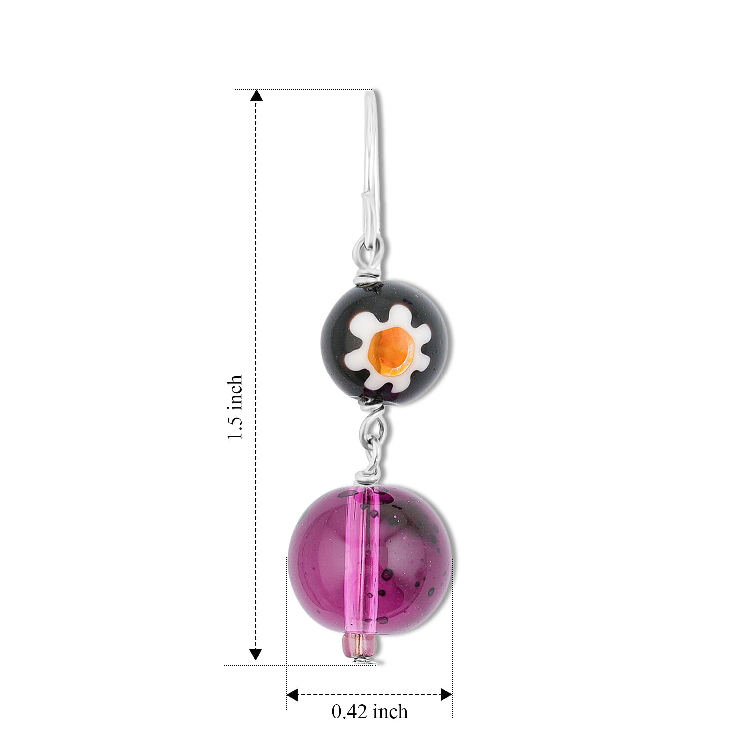 Purple and Black Flower Artisan Glass Earrings in Sterling Silver