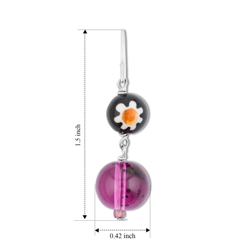 Purple and Black Flower Artisan Glass Earrings in Sterling Silver
