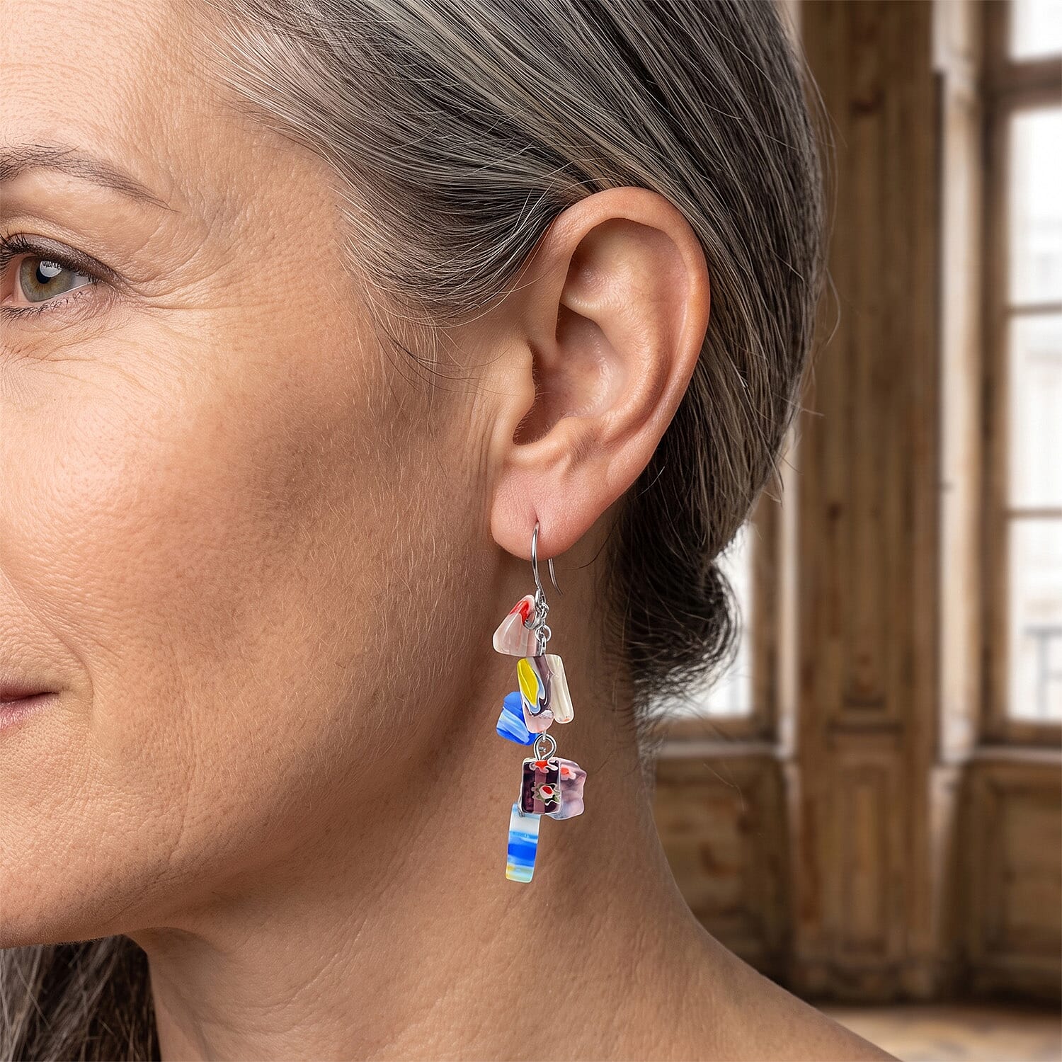 Multi Color Artisan Glass Earrings in Sterling Silver