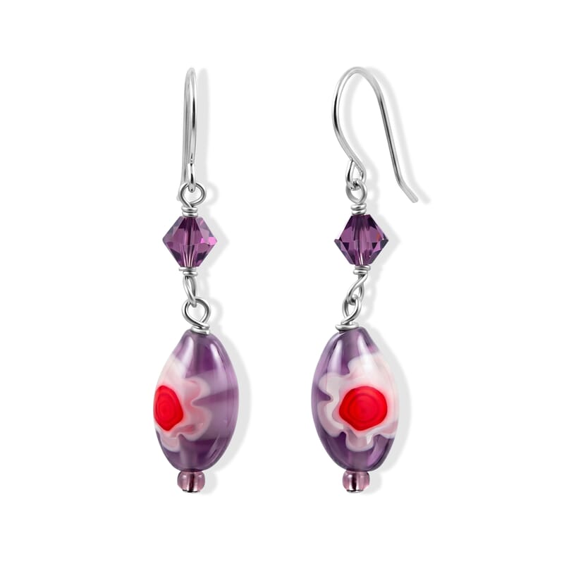 Ankur Treasure Chest Purple Flower Artisan Glass Earrings in Sterling Silver