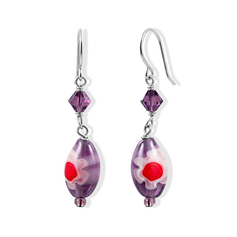 Purple Flower Artisan Glass Earrings in Sterling Silver