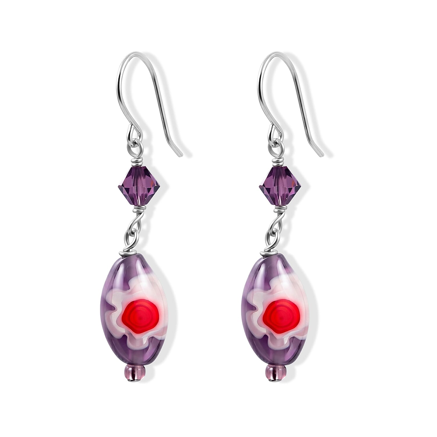 Purple Flower Artisan Glass Earrings in Sterling Silver