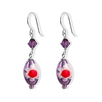 Purple Flower Artisan Glass Earrings in Sterling Silver